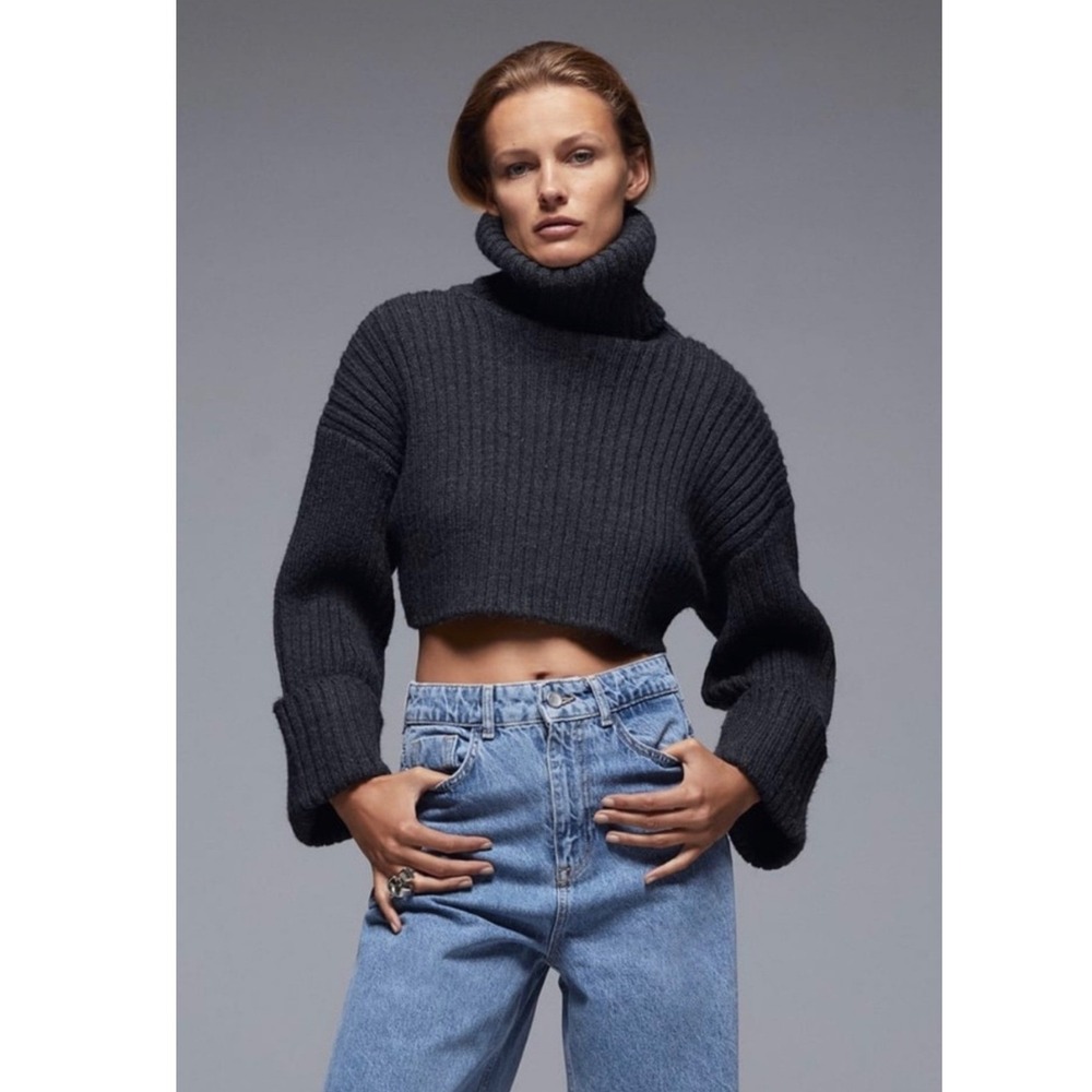 Zara Womens Charcoal Grey Ribbed Chunky Knit Cropped Turtleneck Sweater Size M